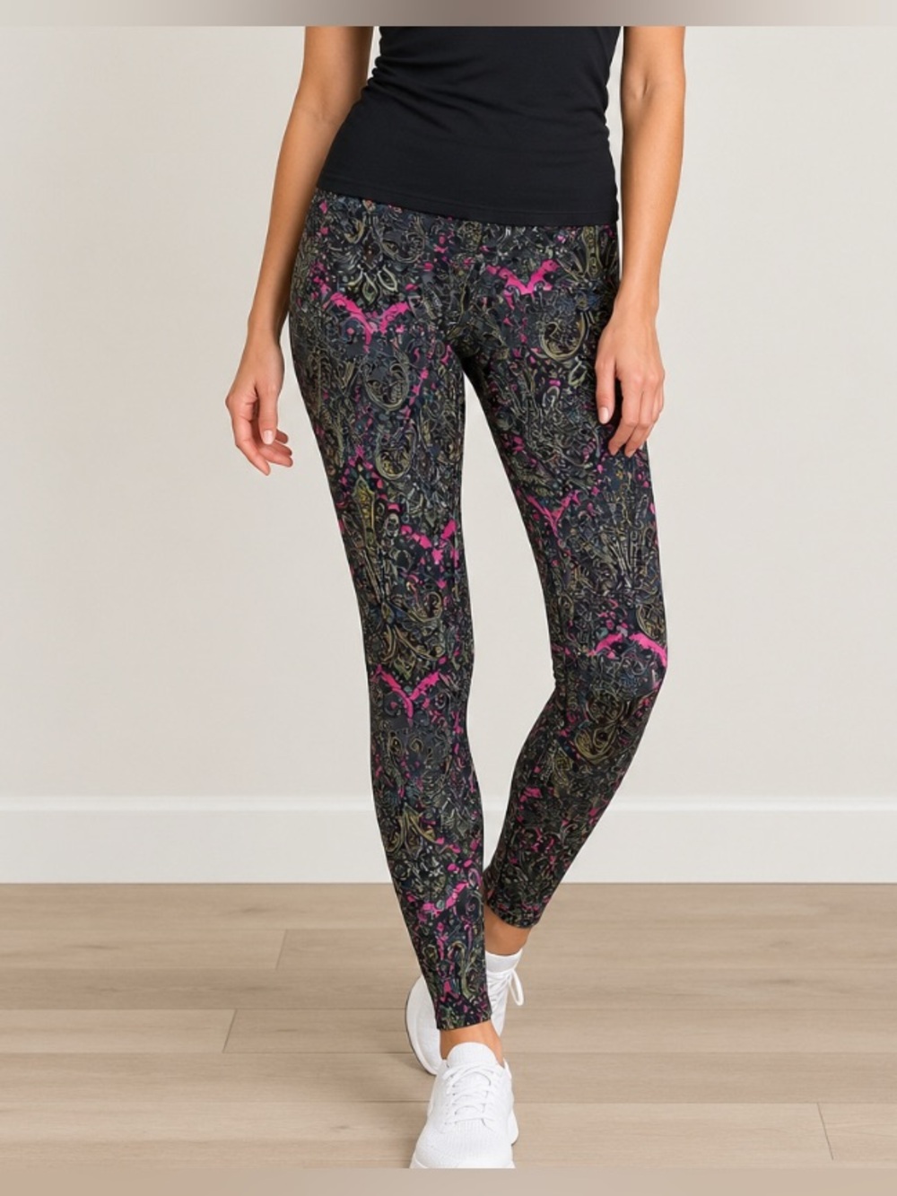 Warrior Within Designs Paisley Print Leggings - Black with Pink & Gold Accents